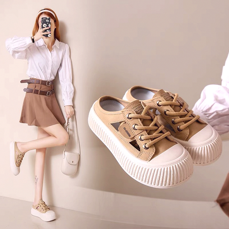 Giày Sục nữ đế cao 3p mũi tròn thoáng khí, Giày hở gót nữ kiểu dáng sneaker thể thao phù hợp học sinh sinh viên