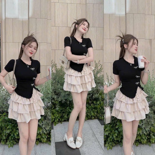 Sét váy nữ cá tính, sét áo thun phông rộng Mix chân váy Midi dáng dài siêu Hack dáng, sét váy sẻ tà