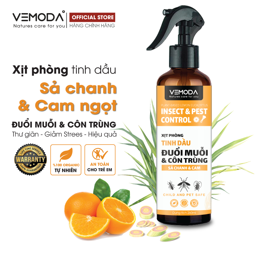 Bình xịt phòng đuổi muỗi Sả Cam Vemoda tự nhiên thư giãn