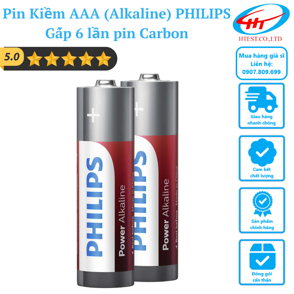 2 viên Pin Kiềm AAA (Power Alkaline) PHILIPS, x6 lần pin Carbon - Hàng chính hãng