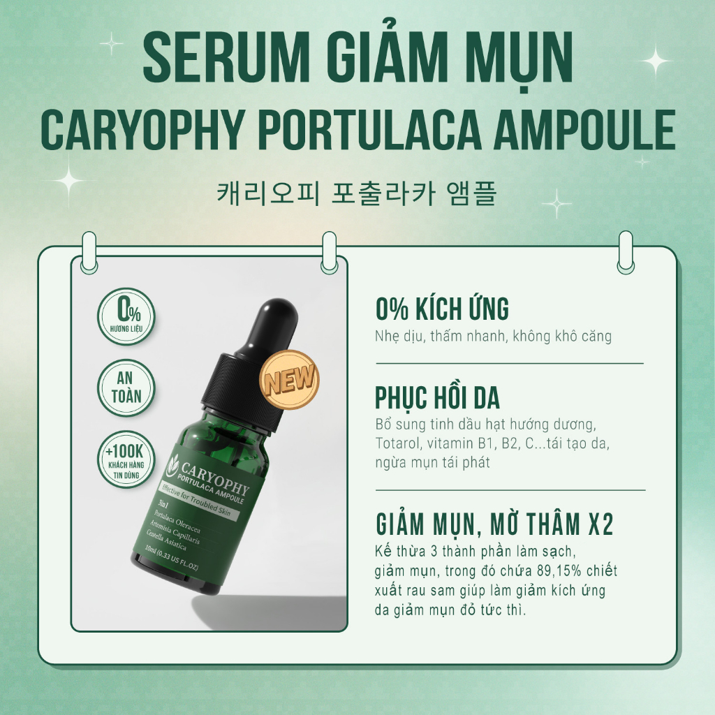 Bộ chăm sóc da giảm mụn mờ thâm Caryophy Portulaca Hàn Quốc (Sữa Rửa Mặt 150ml - Serum 10ml)