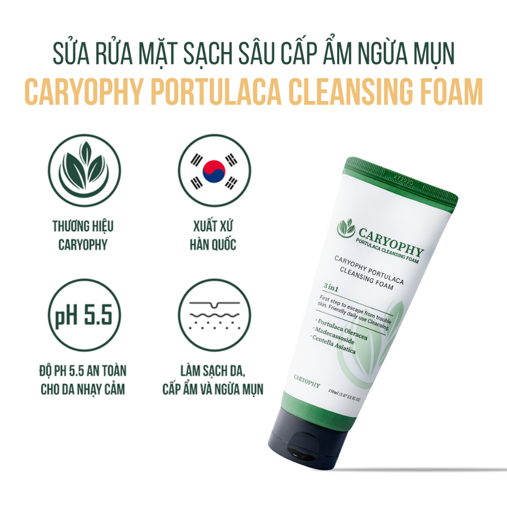 Bộ chăm sóc da giảm mụn mờ thâm Caryophy Portulaca Hàn Quốc (Sữa Rửa Mặt 150ml - Serum 10ml)