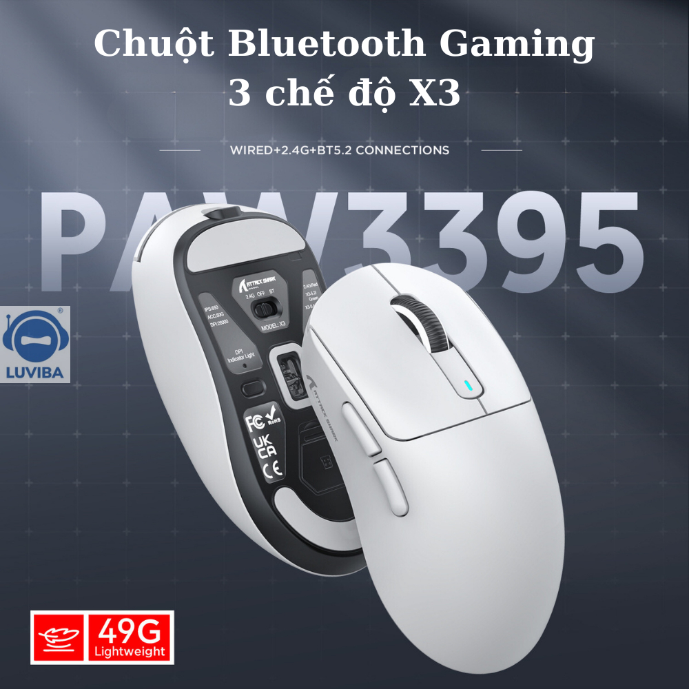 Chuột Bluetooth Máy Tính Không Dây Gaming Siêu Chip PAW3395 Attack Shark X3 Cảm Biến Cao Cấp