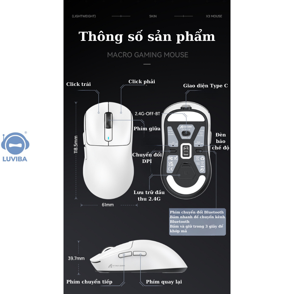 Chuột Bluetooth Máy Tính Không Dây Gaming Siêu Chip PAW3395 Attack Shark X3 Cảm Biến Cao Cấp