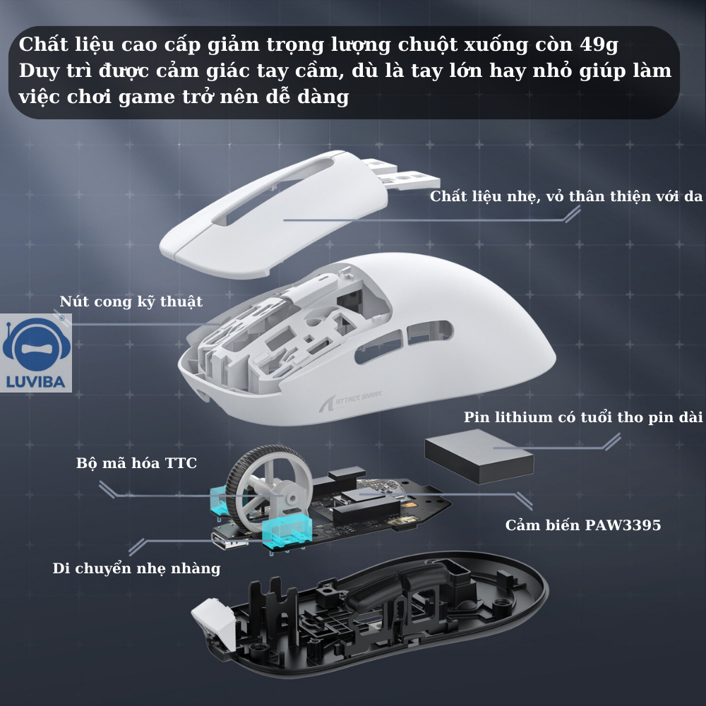 Chuột Bluetooth Máy Tính Không Dây Gaming Siêu Chip PAW3395 Attack Shark X3 Cảm Biến Cao Cấp