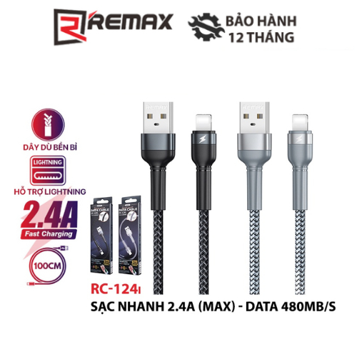 Cáp sạc nhanh cho cổng ai-Phôn Remax RC-124i Data Jany Series thân bọc kim loại dài 1 mét max 2.4A