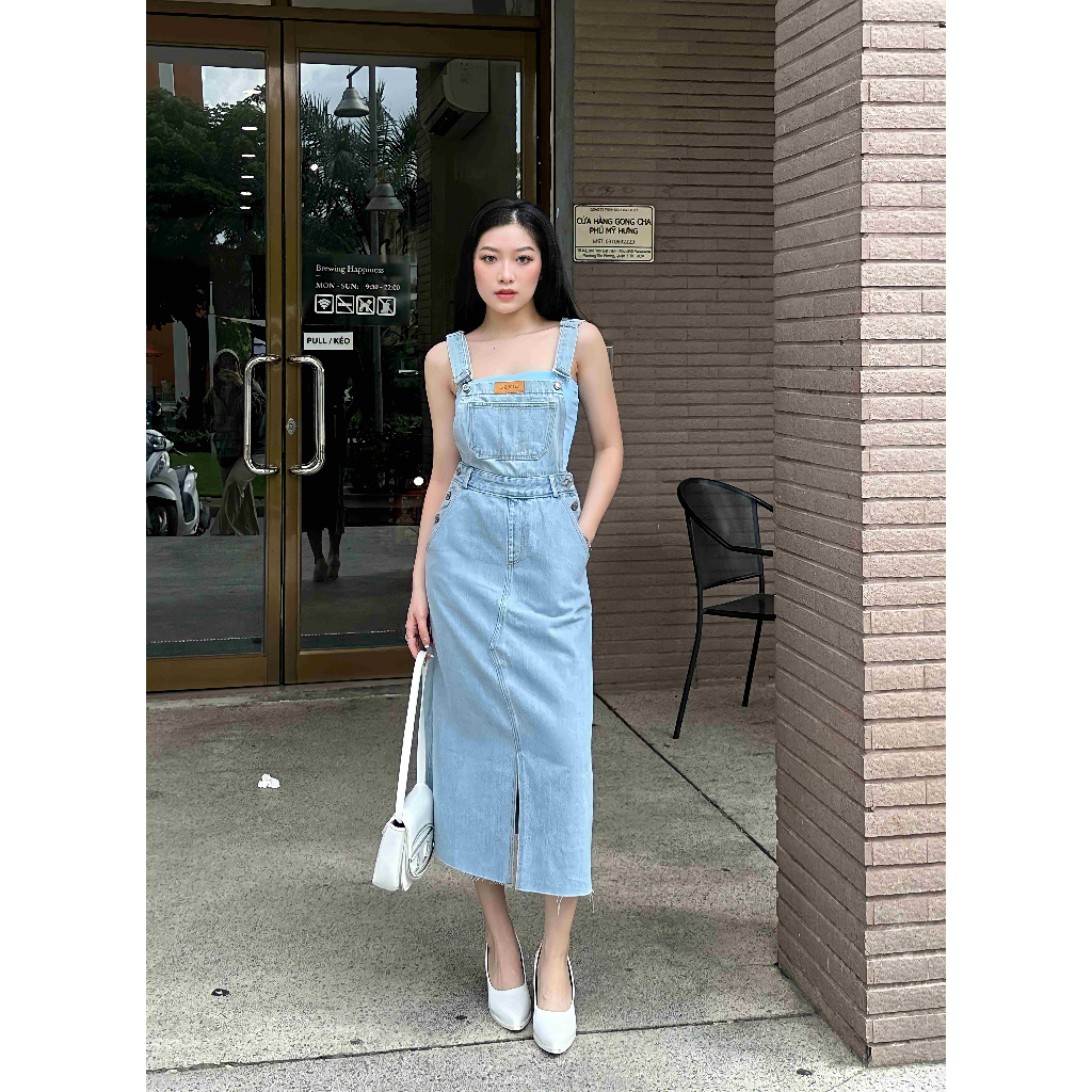 Đầm yếm jeans HEYBEE hai dây bản lớn, phom chữ A dáng dài - Denim Overall HJ1303