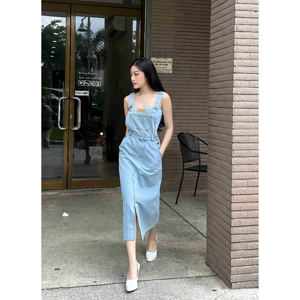 Đầm yếm jeans HEYBEE hai dây bản lớn, phom chữ A dáng dài - Denim Overall HJ1303