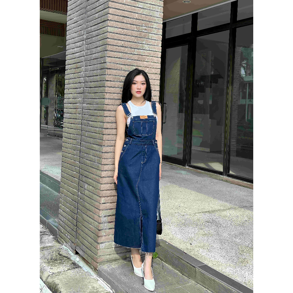 Đầm yếm jeans HEYBEE hai dây bản lớn, phom chữ A dáng dài - Denim Overall HJ1303