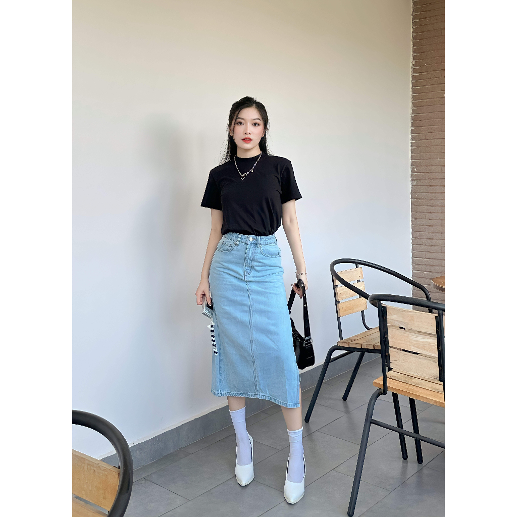 Chân váy jean xẻ tà HEYBEE 2 màu - MIDI JEANS SKIRT HJ1345