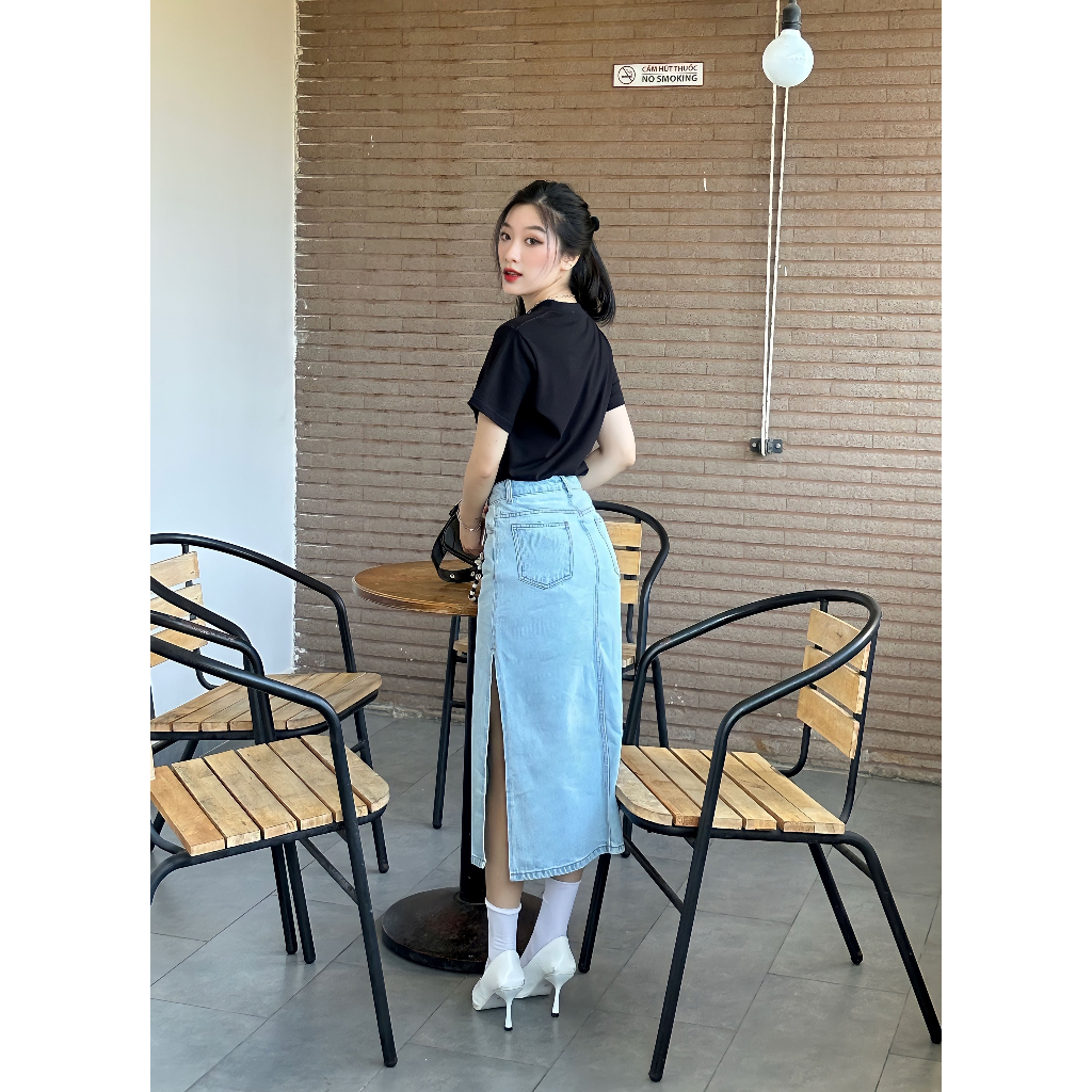 Chân váy jean xẻ tà HEYBEE 2 màu - MIDI JEANS SKIRT HJ1345
