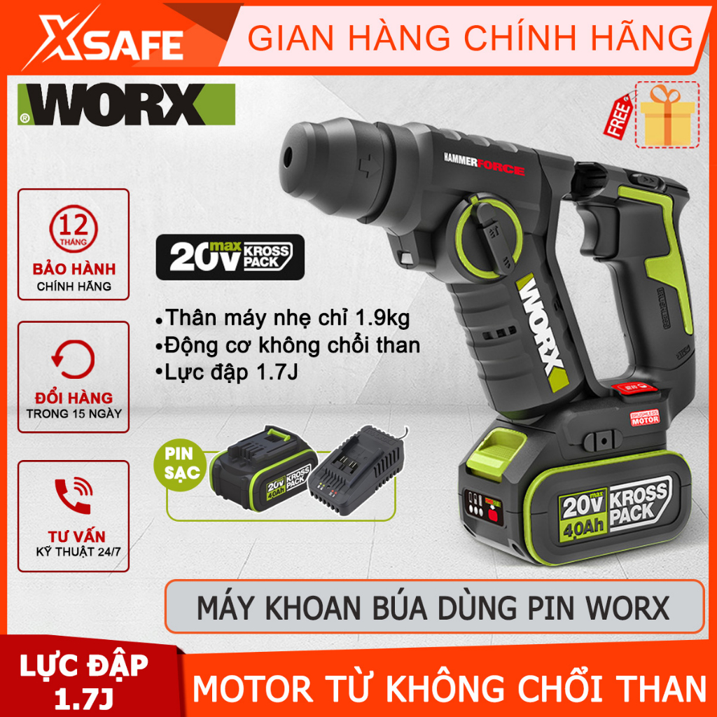 Máy khoan búa dùng pin WORX WU380S.9 motor từ không chổi than hiệu suất cao, bền bỉ, lực đập 1.7J - chính hãng