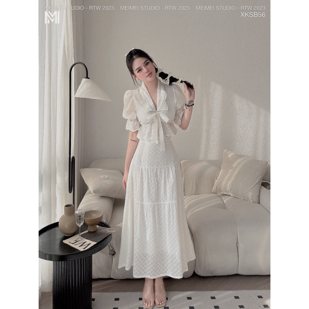 Set đồ nữ ren dập vintage, thiết kế cao cấp, phong cách nữ tính, bánh bèo, mặc đi chơi, đi tiệc | XKSB56 | Meimei Studio