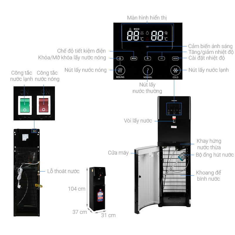Cây nước nóng lạnh Toshiba RWF-W1830UVBV&RWF-W1830BV bình âm tủ, khóa trẻ em, chính hãng, bảo hành 12tháng tại nhà