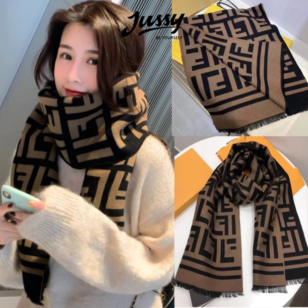 Khăn Choàng Cổ FF Jussy Official Khăn Len Dày Màu Nâu Đen Họa Tiết Hot Trend  Chất Len Dày Ấm Áp Dài 180x90cm