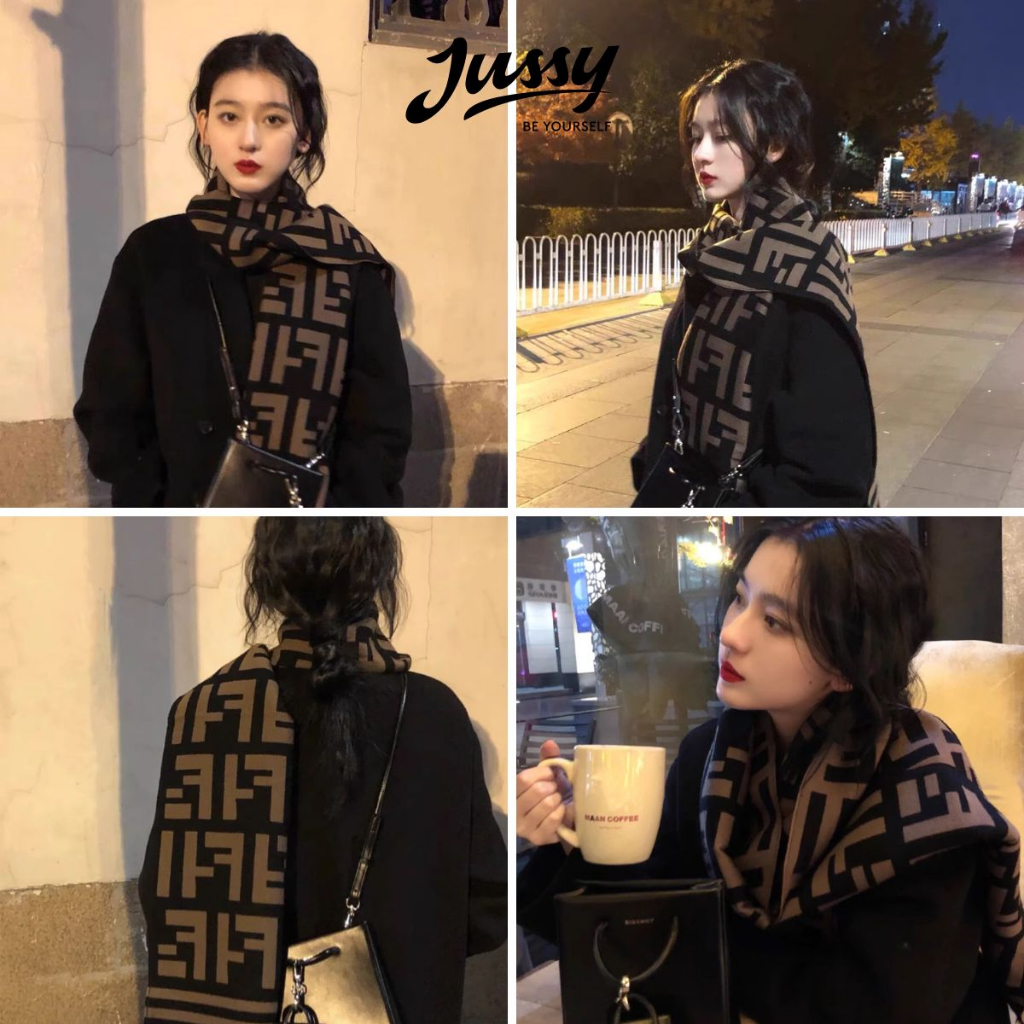 Khăn Choàng Cổ FF Jussy Official Khăn Len Dày Màu Nâu Đen Họa Tiết Hot Trend  Chất Len Dày Ấm Áp Dài 180x90cm