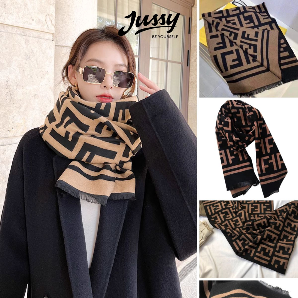 Khăn Choàng Cổ FF Jussy Official Khăn Len Dày Màu Nâu Đen Họa Tiết Hot Trend  Chất Len Dày Ấm Áp Dài 180x90cm