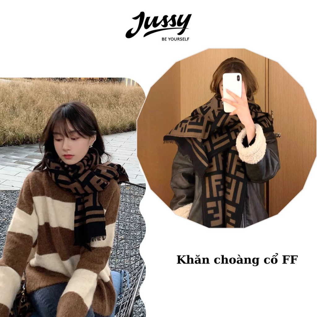 Khăn Choàng Cổ FF Jussy Official Khăn Len Dày Màu Nâu Đen Họa Tiết Hot Trend  Chất Len Dày Ấm Áp Dài 180x90cm