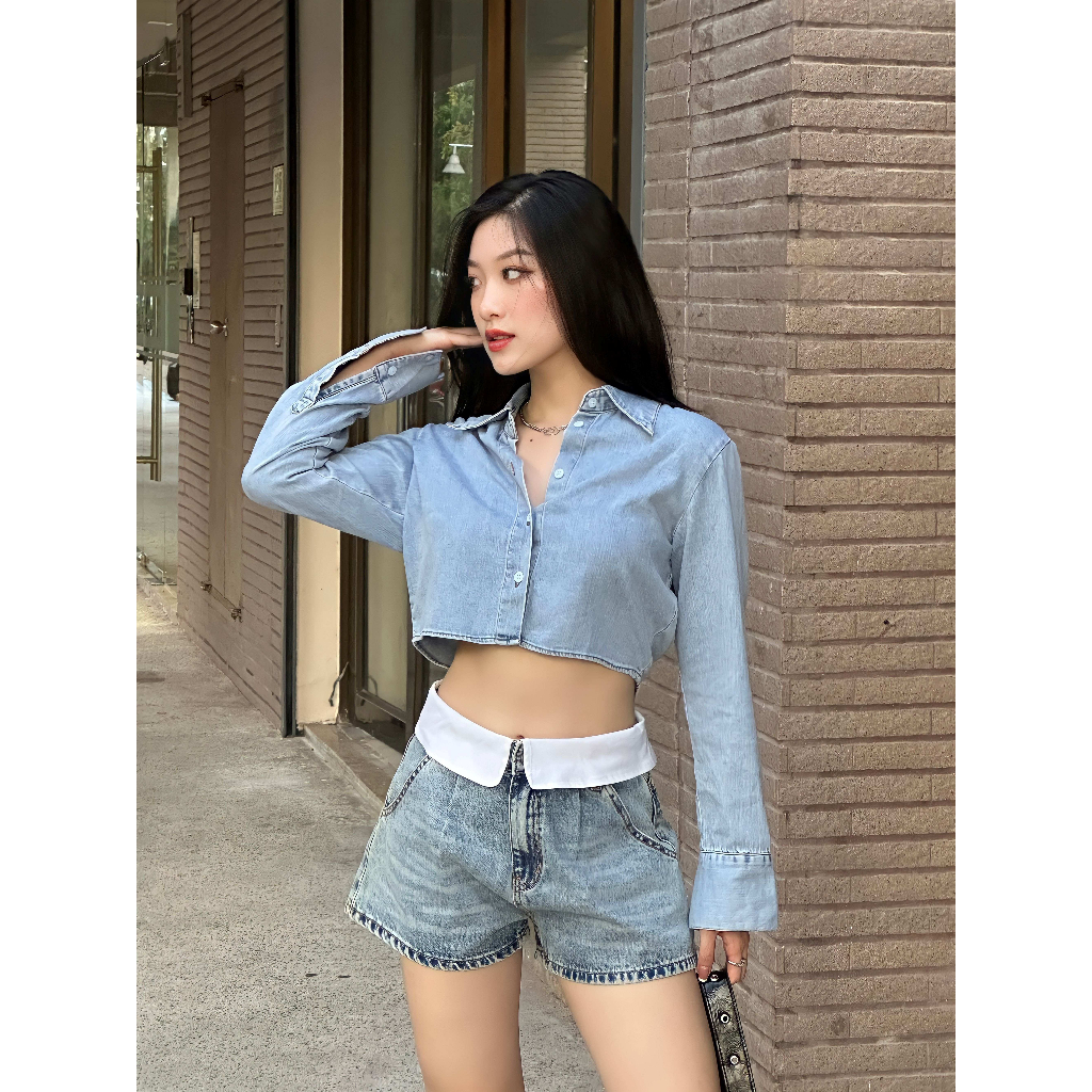 Quần jeans shorts trơn nữ 2 màu phối lưng bản gấp trắng HEYBEE HJ1605