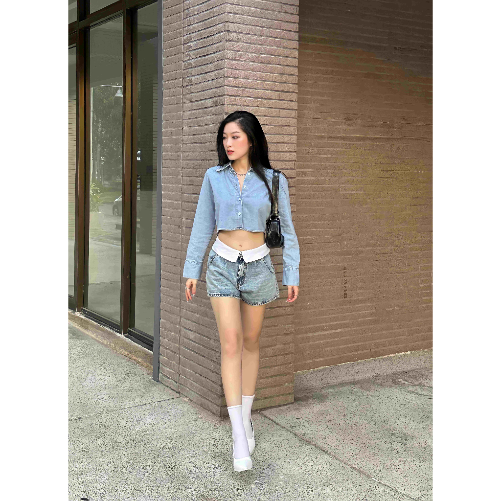 Quần jeans shorts trơn nữ 2 màu phối lưng bản gấp trắng HEYBEE HJ1605