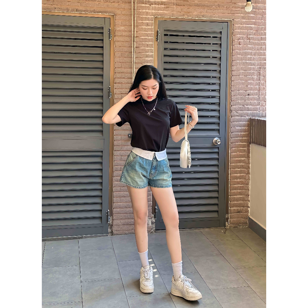 Quần jeans shorts trơn nữ 2 màu phối lưng bản gấp trắng HEYBEE HJ1605