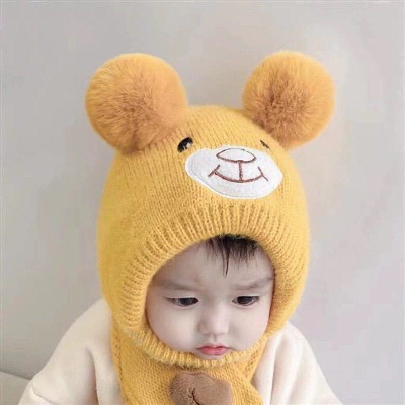 Mũ nón len mặt gấu quả bông dễ thương cho bé 6-36m
