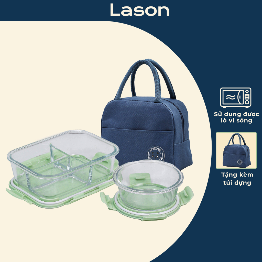 Hộp đựng cơm thủy tinh Lason trong suốt, hộp đựng thức ăn văn phòng chống tràn, sử dụng được trong lò vi sóng