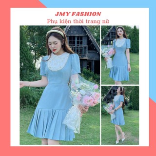 V364 Váy xanh cổ sơ mi trắng công sở [TH Hà Thanh&RENCY] đầm sơ mi đi làm đi chơi năng động nữ tính