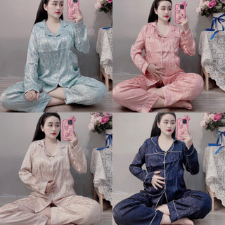 Bộ Pijama Bầu và Sau Sinh Lụa Gấm Dài Tay 2 Chức Năng Có Khóa Cho Con Bú
