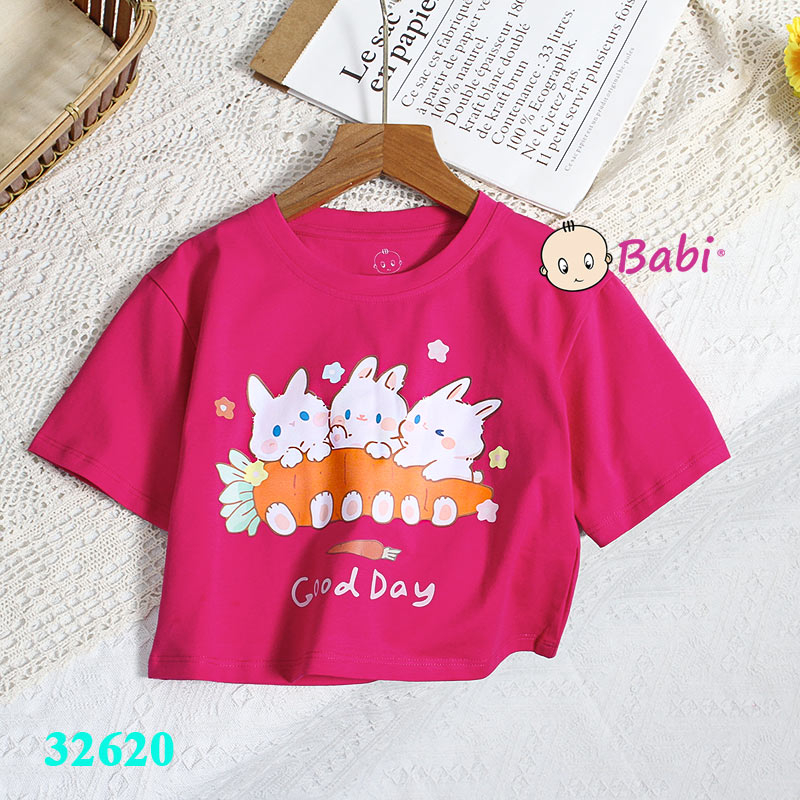 Áo croptop họa tiết hình thỏ xin xắn cho bé gái, Áo thun croptop phong cách Hàn Quốc size đại 15-45kg