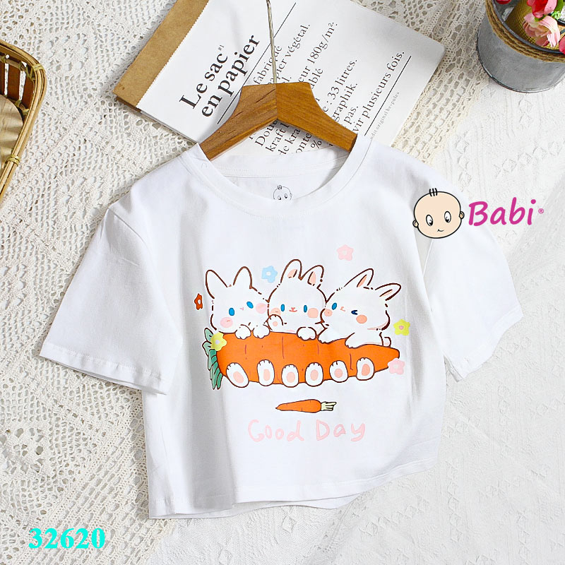 Áo croptop họa tiết hình thỏ xin xắn cho bé gái, Áo thun croptop phong cách Hàn Quốc size đại 15-45kg