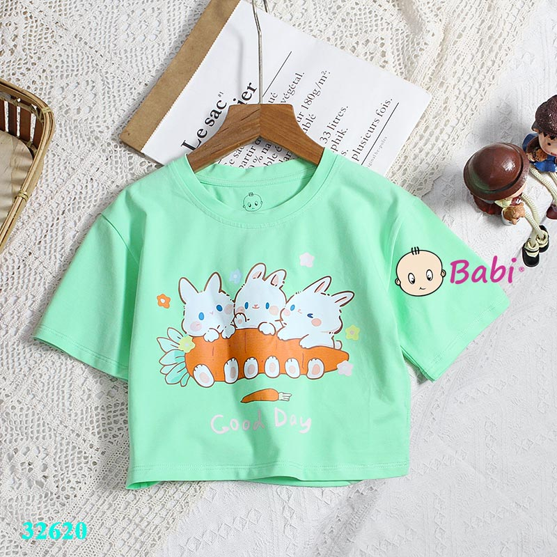 Áo croptop họa tiết hình thỏ xin xắn cho bé gái, Áo thun croptop phong cách Hàn Quốc size đại 15-45kg