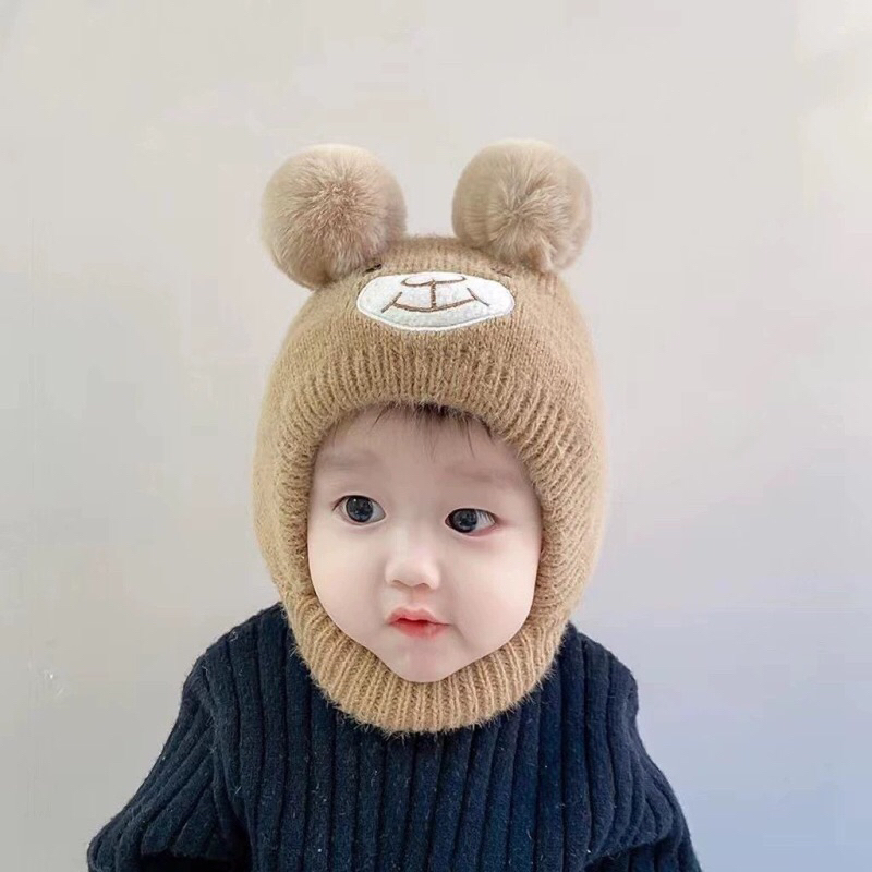Mũ nón len mặt gấu quả bông dễ thương cho bé 6-36m