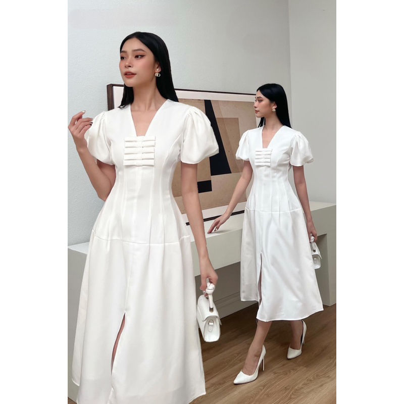Đầm dự tiệc maxi công sở cổ V tay bí phối nơ HAVANA