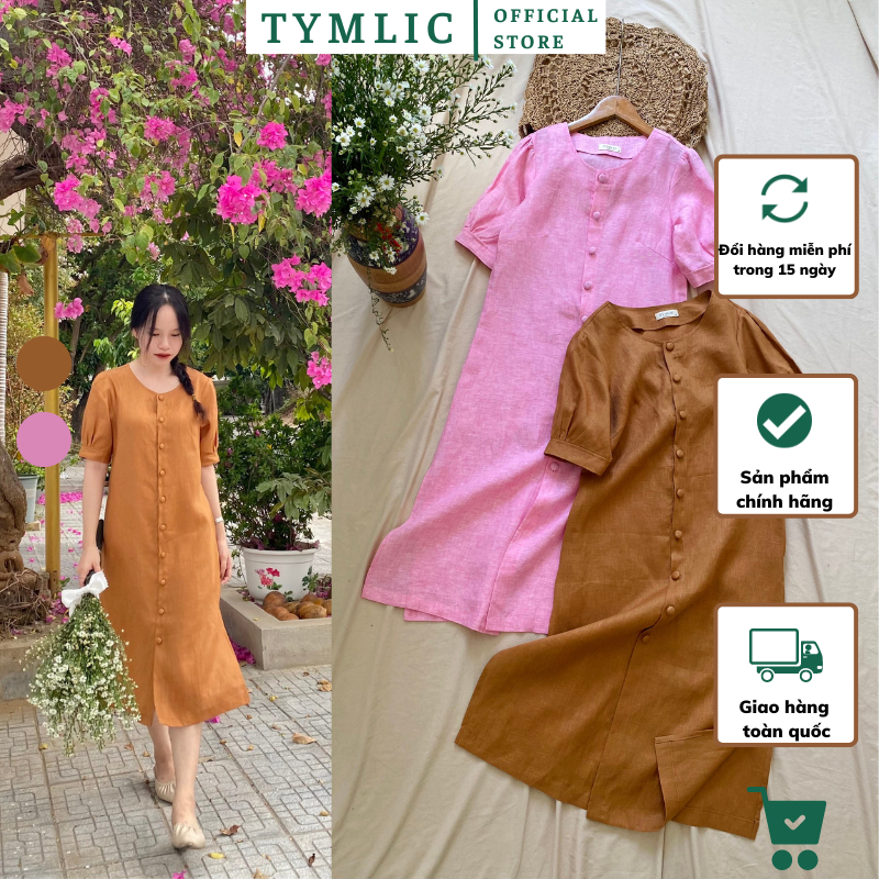Đầm Suông Linen Tưng Premium Tay Phồng Nút Bọc 2 Màu TYMLIC