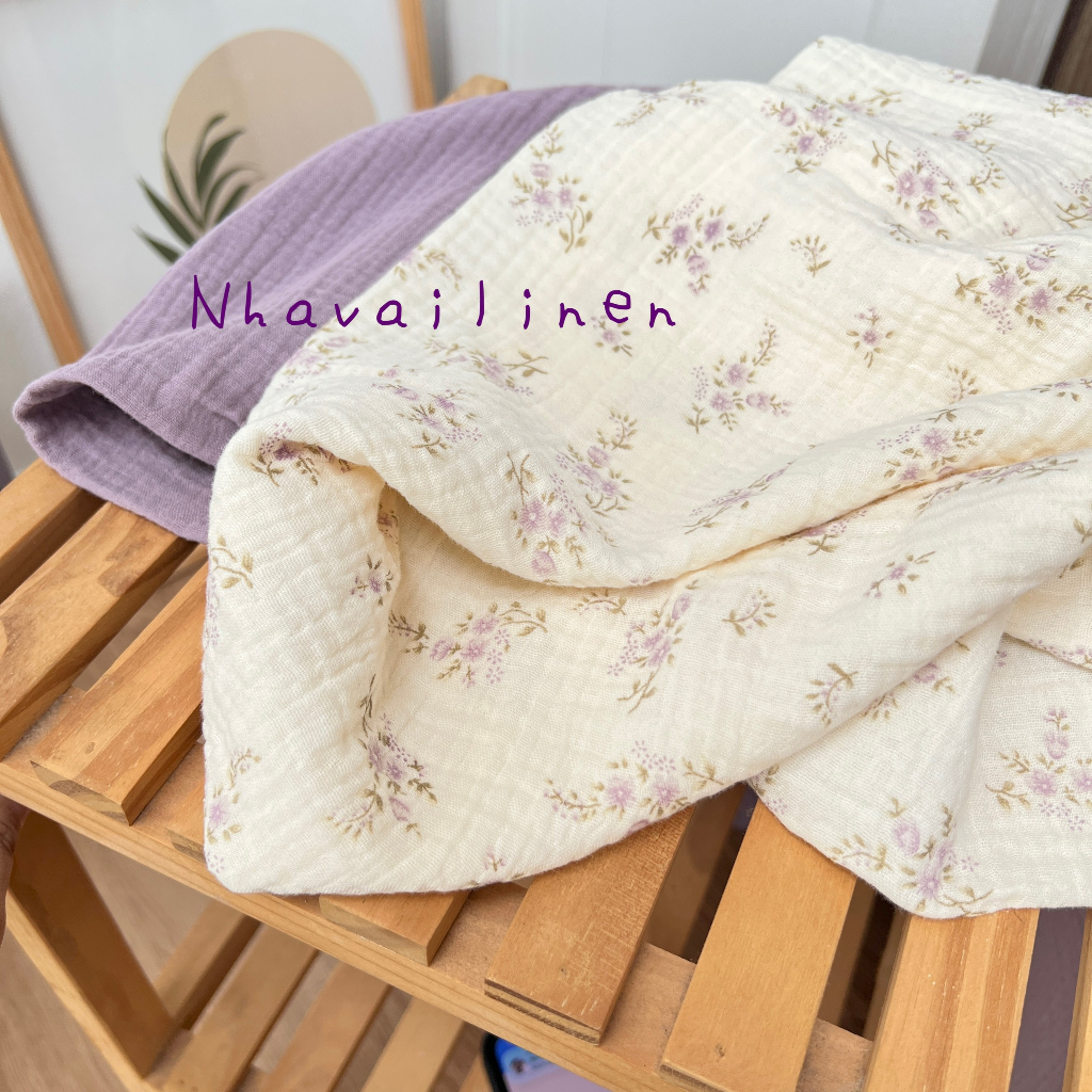 Vải xô muslin cao cấp 2 lớp hoạ tiết cành hoa tím mềm mịn thấm hút mồ hôi - Nhà vải linen