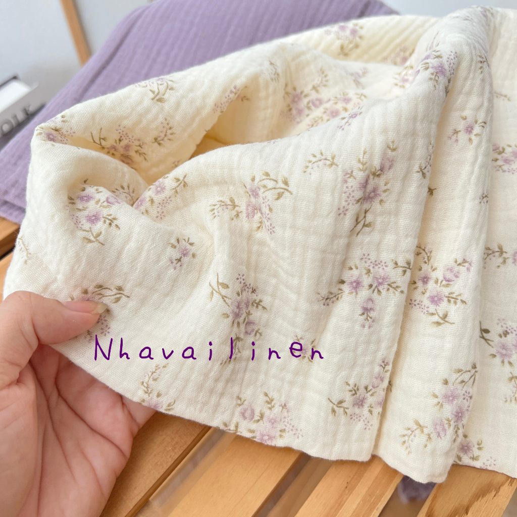 Vải xô muslin cao cấp 2 lớp hoạ tiết cành hoa tím mềm mịn thấm hút mồ hôi - Nhà vải linen