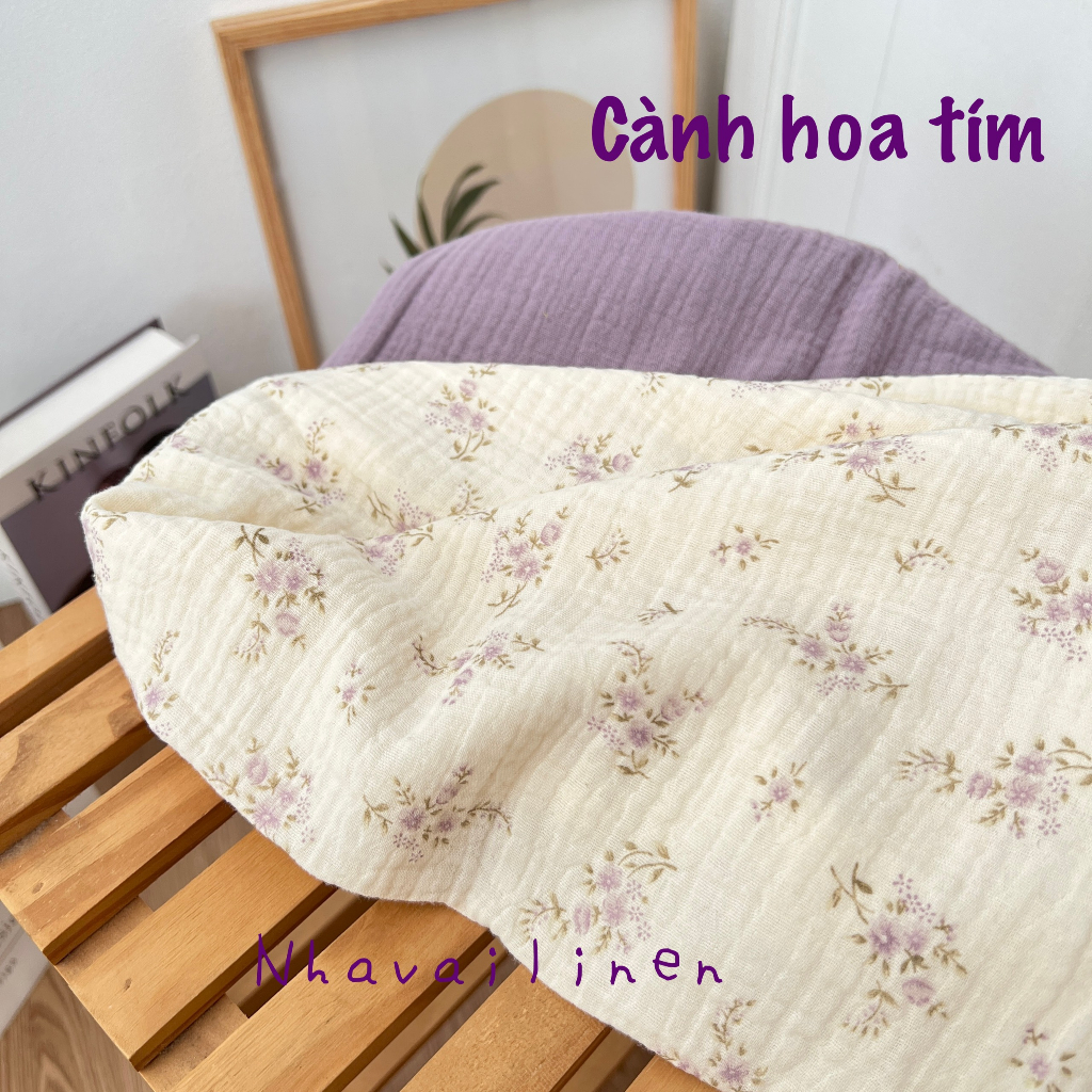 Vải xô muslin cao cấp 2 lớp hoạ tiết cành hoa tím mềm mịn thấm hút mồ hôi - Nhà vải linen