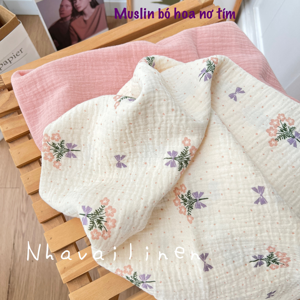 Vải xô muslin cao cấp 2 lớp hoạ tiết bó hoa nơ tím mềm mịn thấm hút mồ hôi - Nhà vải linen