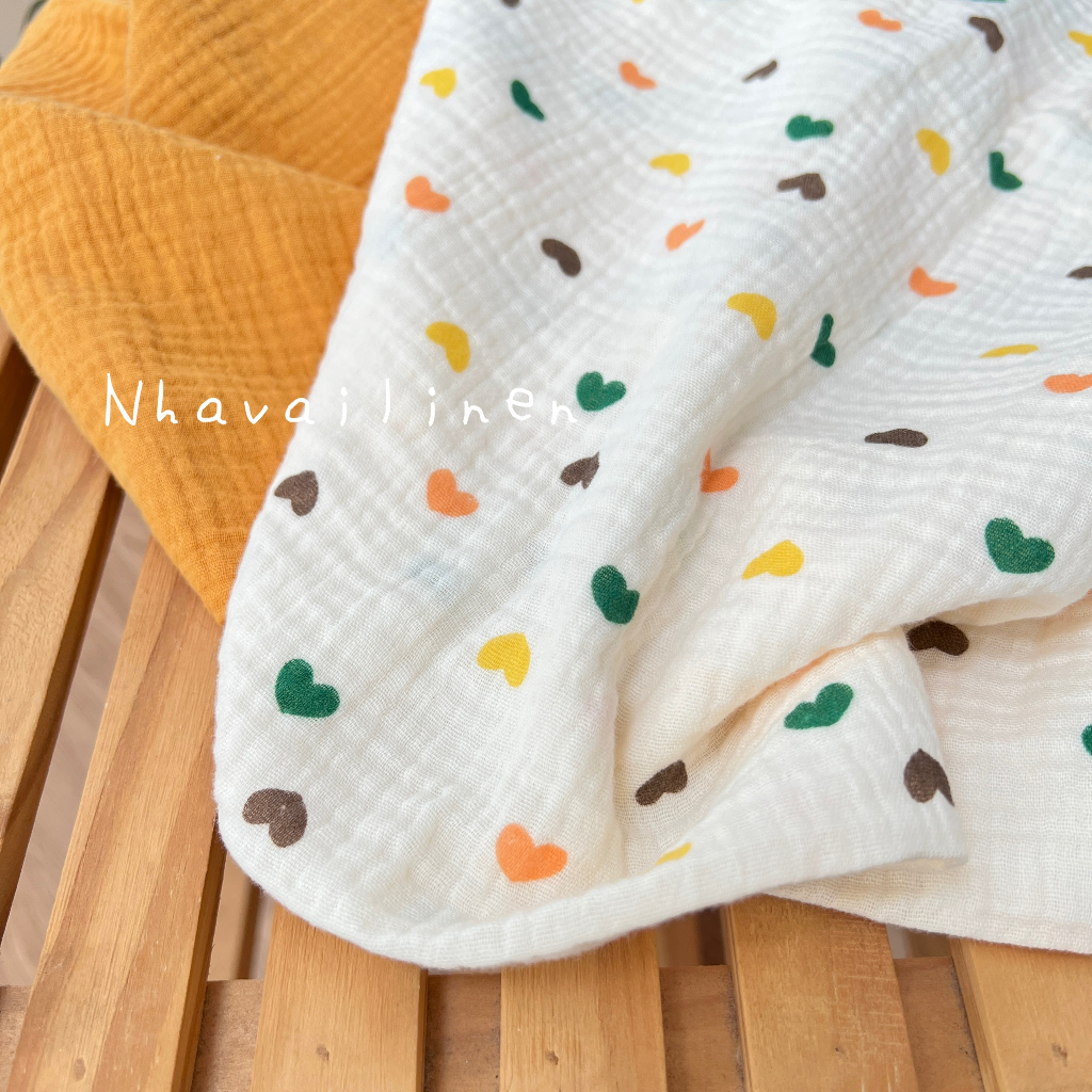 Vải xô muslin cao cấp 2 lớp hoạ tiết trái tim tứ sắc thấm hút mồ hôi - Nhà vải linen