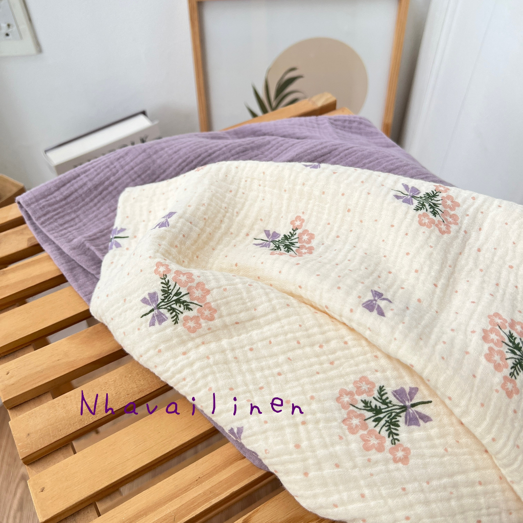 Vải xô muslin cao cấp 2 lớp hoạ tiết bó hoa nơ tím mềm mịn thấm hút mồ hôi - Nhà vải linen
