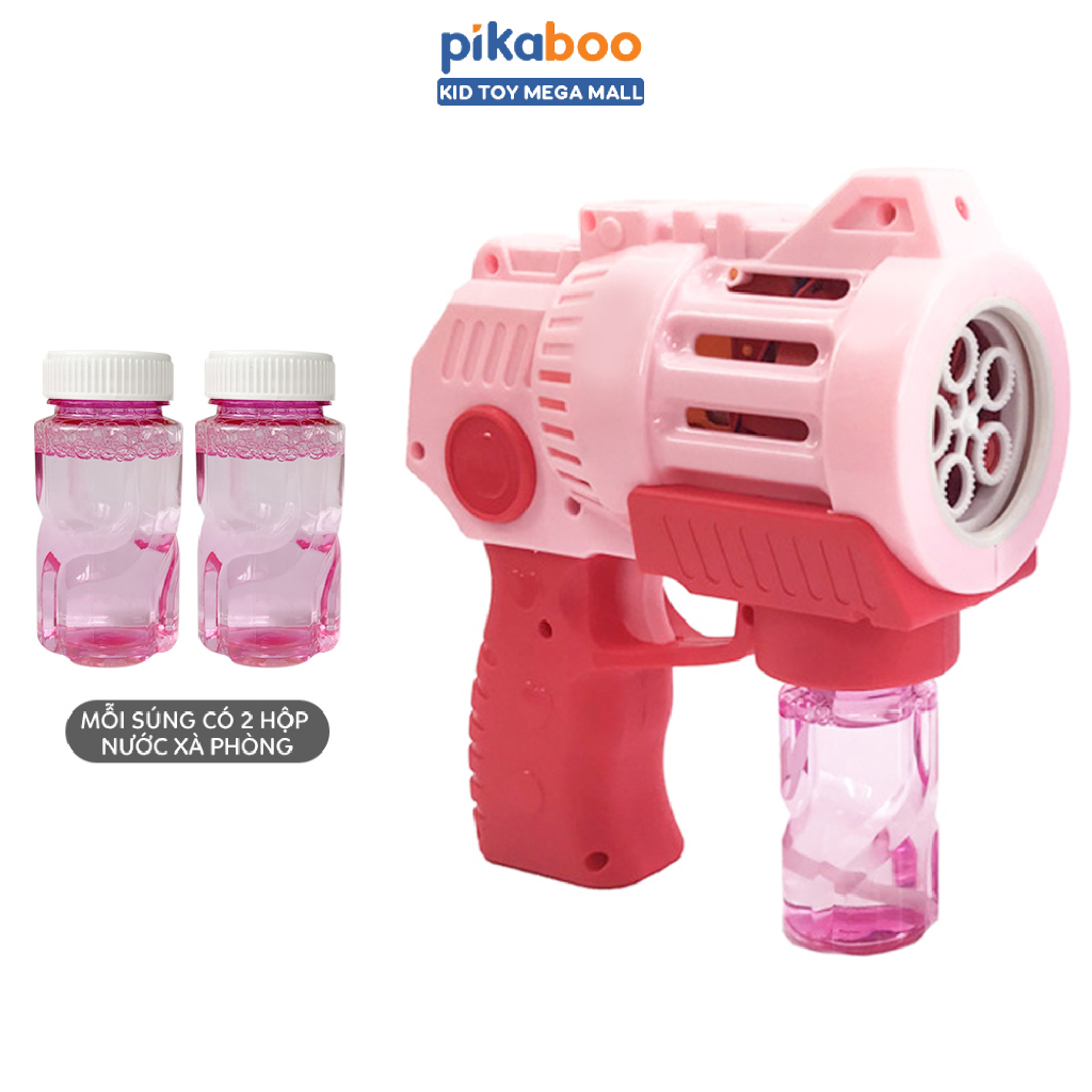 Máy bắn bong bóng xà phòng đồ chơi Pikaboo cho bé thiết kế 5 nòng cỡ bự cao cấp có đèn và nhạc, làm từ nhựa ABS cao cấp