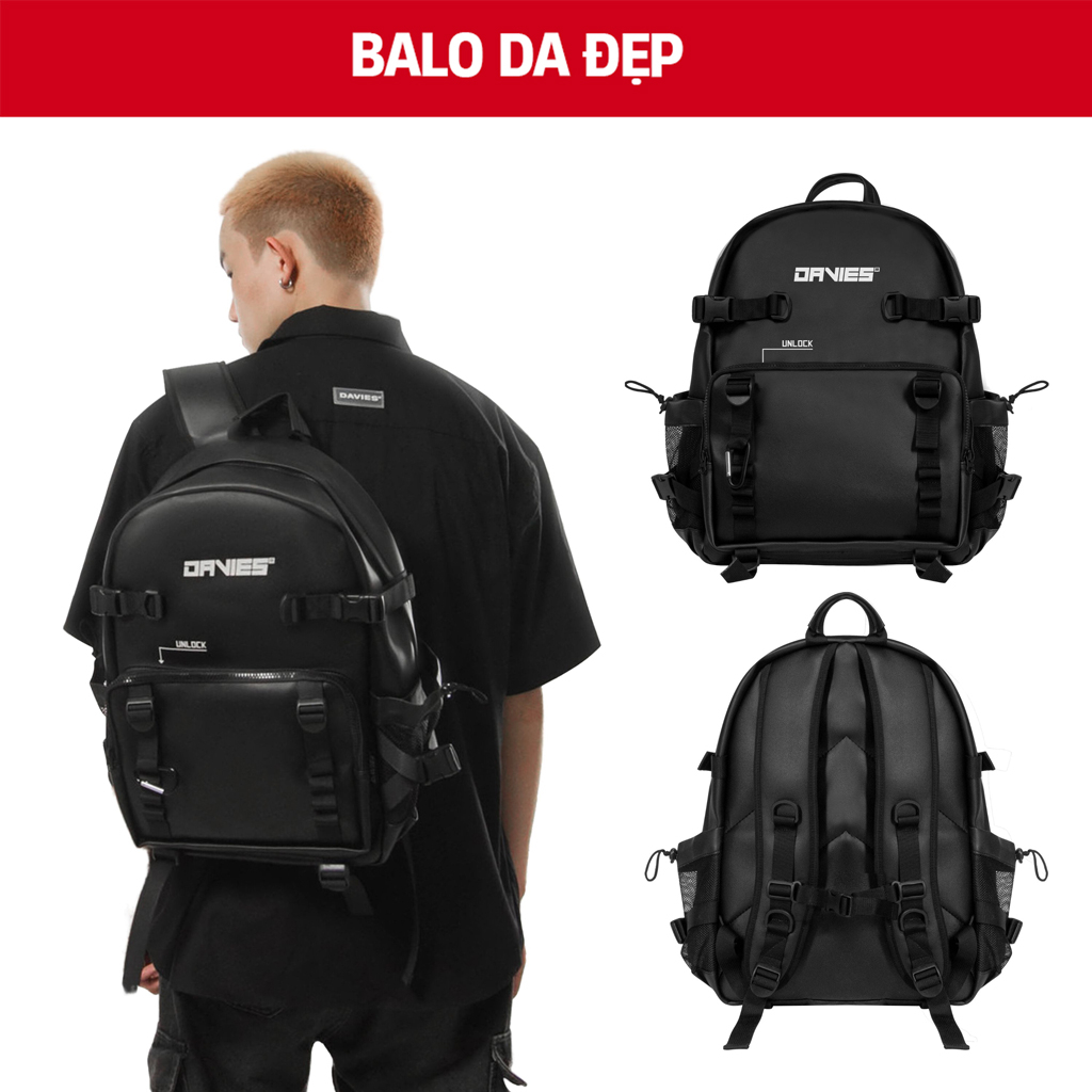 Balo đi học nam nữ màu đen da local brand Davies Leather Tactical Backpack