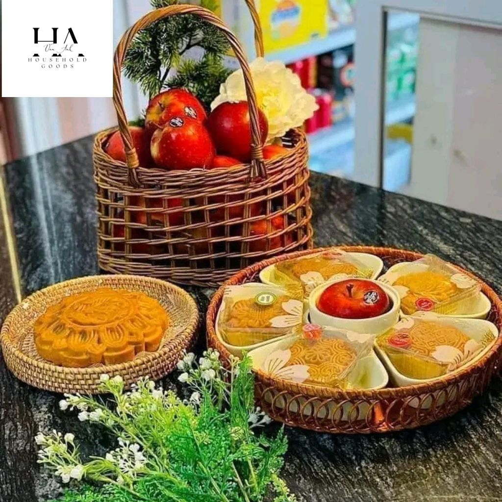 Bộ bát đĩa hoa mặt trời 5 cánh gốm sứ Bát Tràng cao cấp kèm khay mây