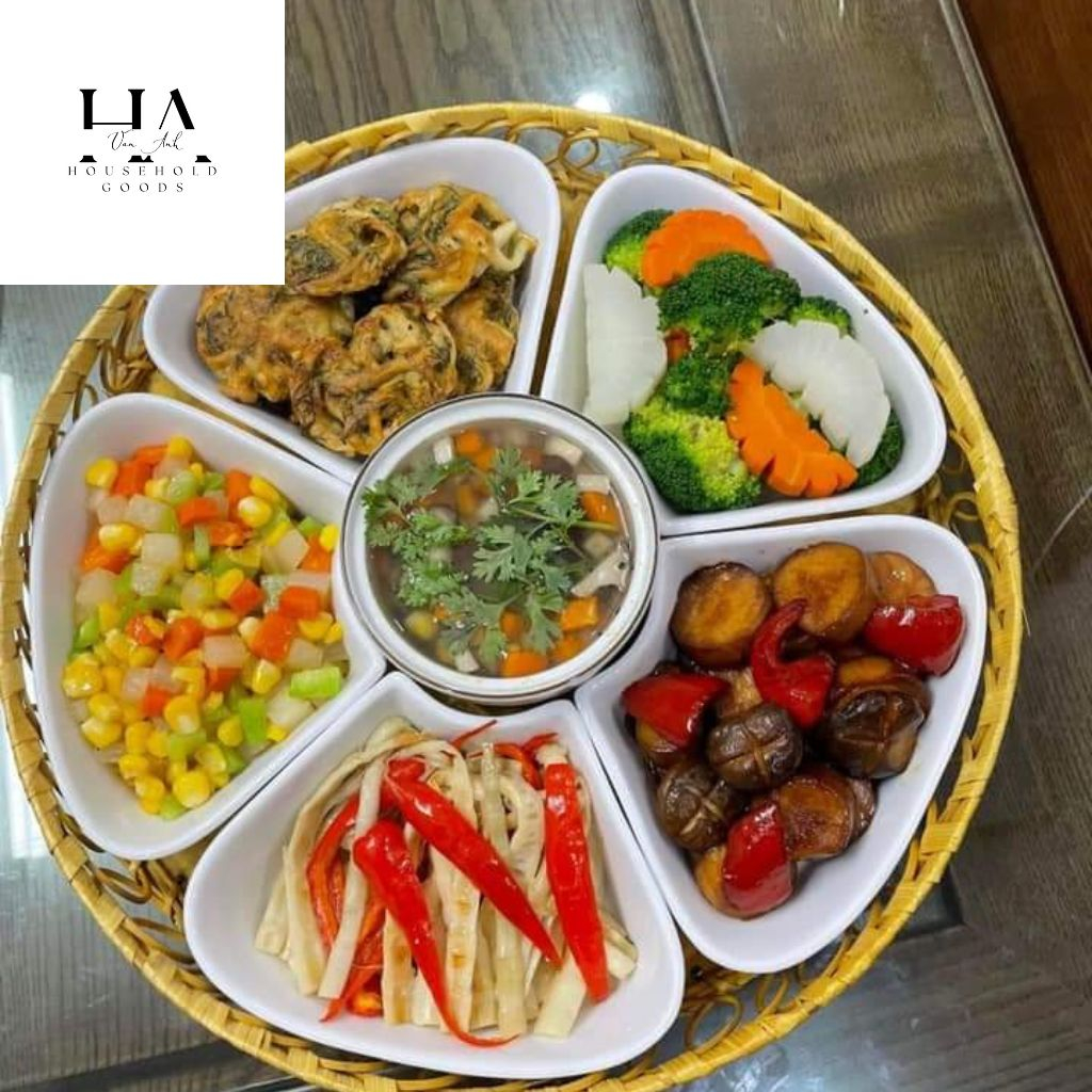 Bộ bát đĩa hoa mặt trời 5 cánh gốm sứ Bát Tràng cao cấp kèm khay mây