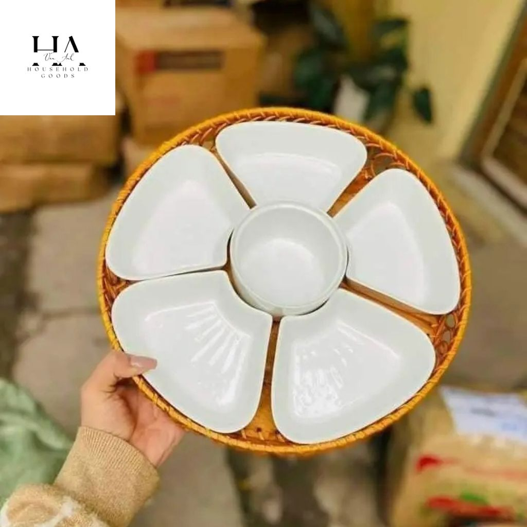 Bộ bát đĩa hoa mặt trời 5 cánh gốm sứ Bát Tràng cao cấp kèm khay mây