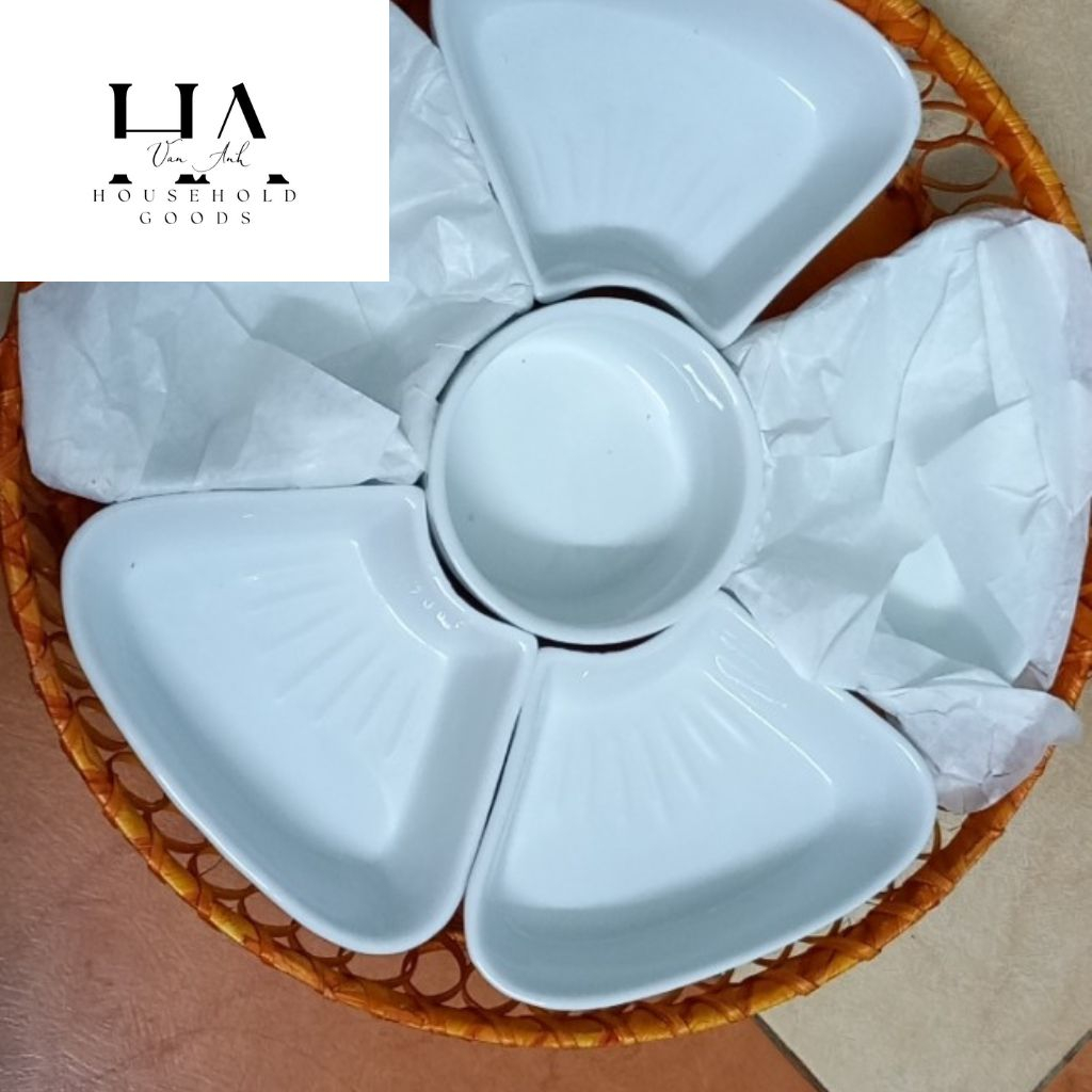 Bộ bát đĩa hoa mặt trời 5 cánh gốm sứ Bát Tràng cao cấp kèm khay mây