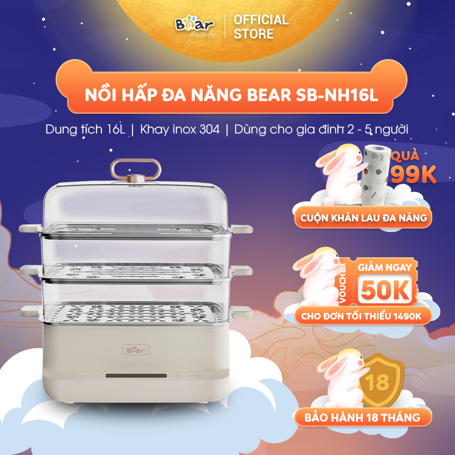 Nồi Hấp Điện 3 Tầng Bear 12L Đa Năng 6 Chế Độ Hấp Kháng Khuẩn 99,99% Không Gây Mùi An Toàn Cho Sức Khỏe SB-NH12L