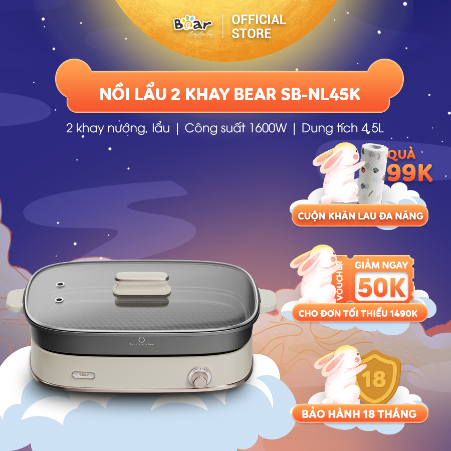 Nồi Lẩu Đa Năng Bear 4,5L 6 Chức Năng Nấu Tiết Kiệm Điện Chống Dính Cao Cấp Chiên Nướng Lẩu Nấu Hầm Ninh SB-NL45K