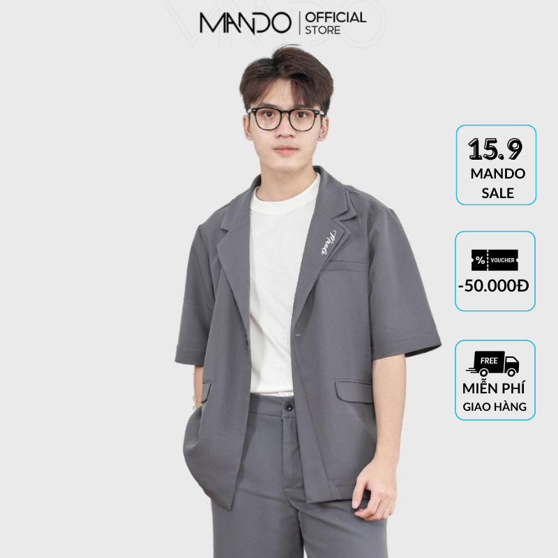 Áo Blazer Ngắn Tay MANDO Vải Tuyết Mưa Nam Form Rộng Họa Tiết Thêu Phối Cổ Hai Lớp Phong Cách Hàn Quốc Basic BLZ009